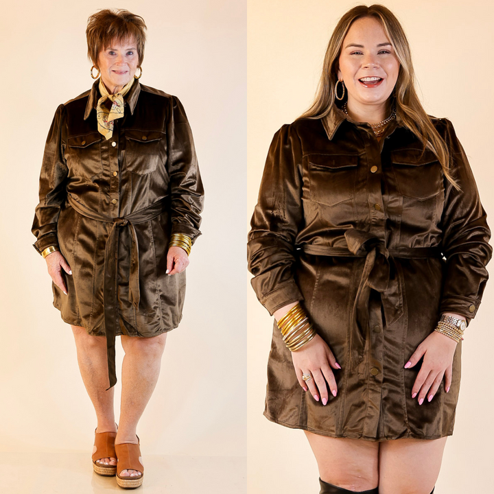 Two women wearing a suede button up dress in olive green against a beige background