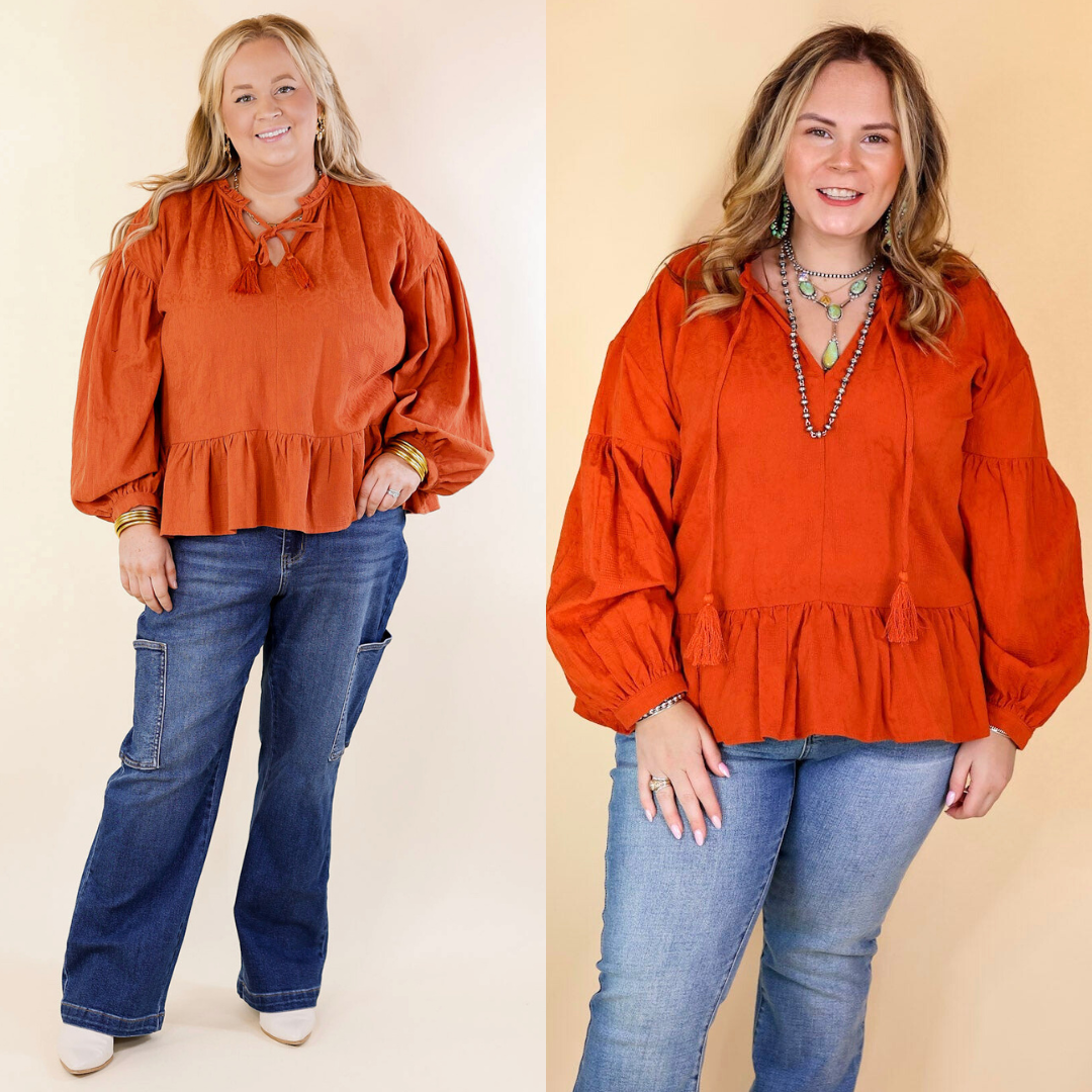 Free Fallin' Textured Long Sleeve Peplum Top with Keyhole Front in Orange