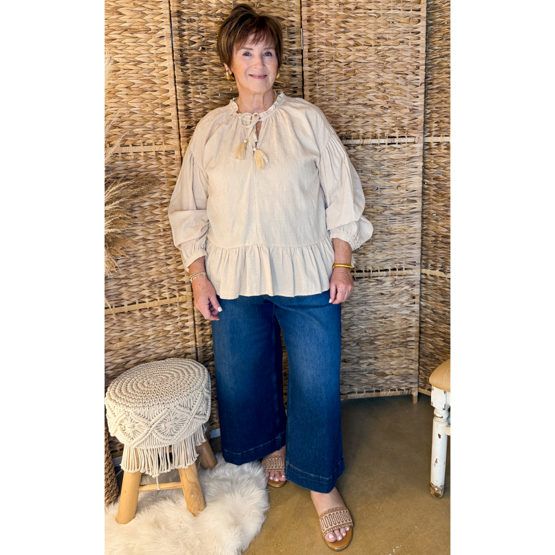 Free Fallin' Textured Long Sleeve Peplum Top with Keyhole Front in Beige