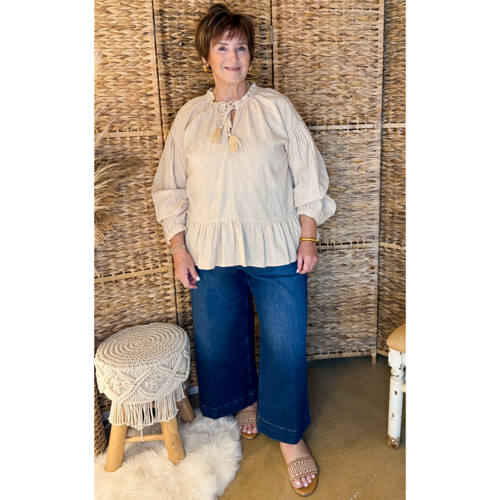 Free Fallin' Textured Long Sleeve Peplum Top with Keyhole Front in Beige