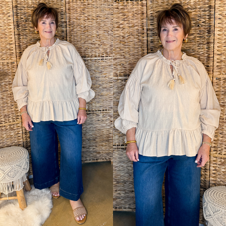 Free Fallin' Textured Long Sleeve Peplum Top with Keyhole Front in Beige