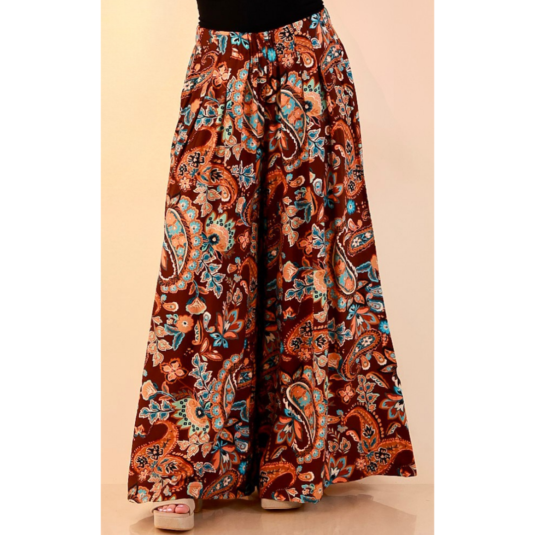 Free to Be Paisley Print Wide Leg Elastic Waist Pants in Chocolate Brown