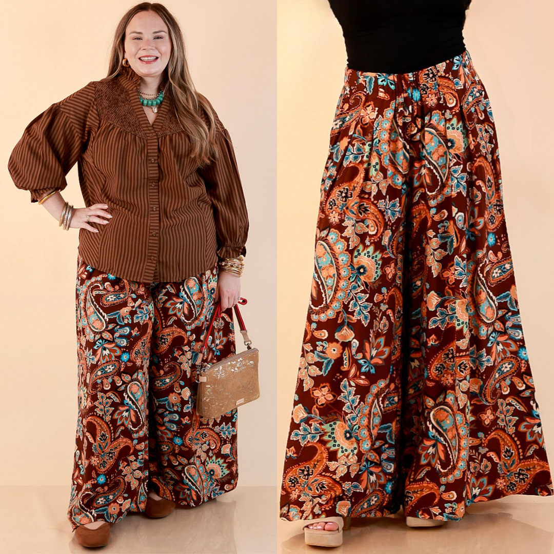 Free to Be Paisley Print Wide Leg Elastic Waist Pants in Chocolate Brown
