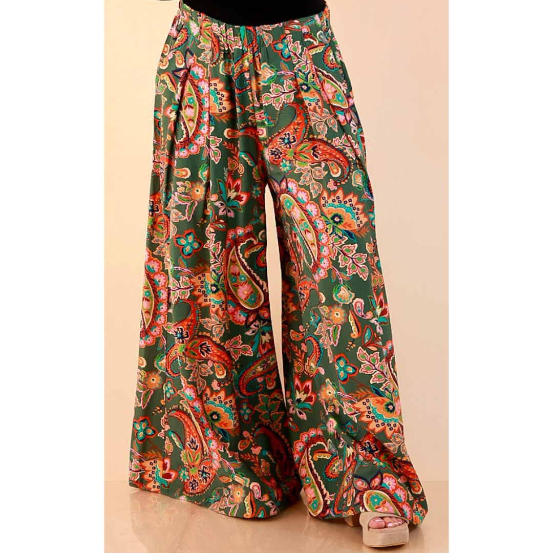 Free to Be Paisley Print Wide Leg Elastic Waist Pants in Olive Green