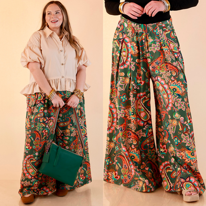 Free to Be Paisley Print Wide Leg Elastic Waist Pants in Olive Green