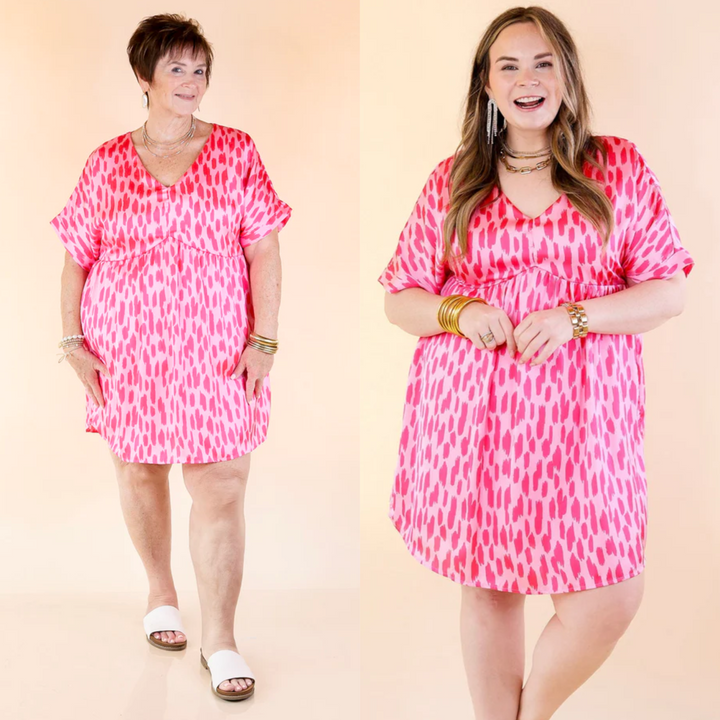This cute floral dress includes short sleeves, a v neckline, and a babydoll style fit. Available in sizes small through plus size.