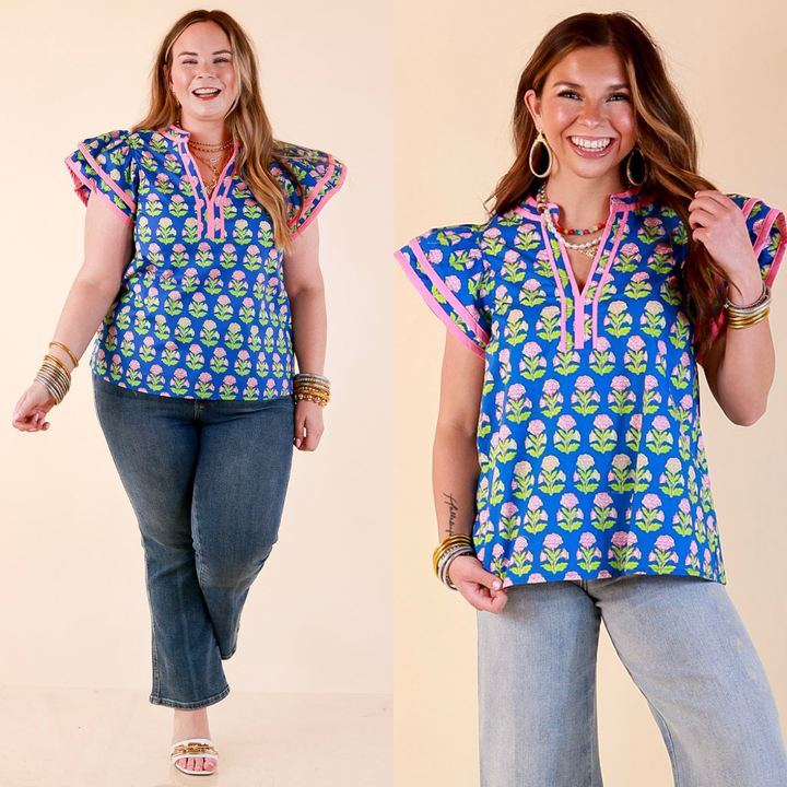 Fresh Perspective V Neck Floral Print Top with Ruffle Cap Flutter Sleeves and Contrast Trim in Royal Blue