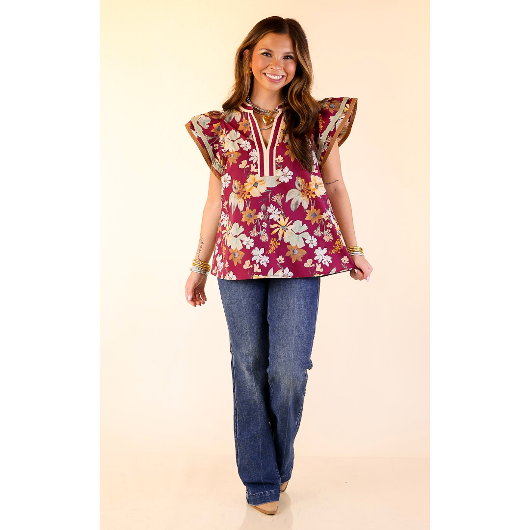 Fresh Perspective V Neck Floral Top with Ruffle Cap Sleeves in Maroon