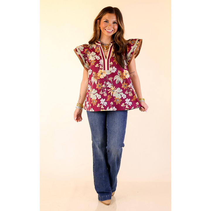 Fresh Perspective V Neck Floral Top with Ruffle Cap Sleeves in Maroon