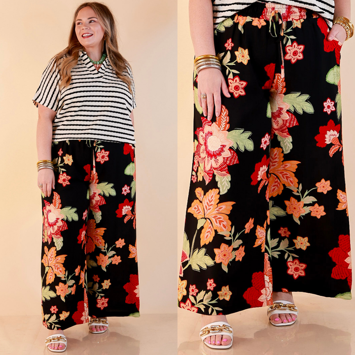 Fresh Picked Floral Print Wide Leg Pants in Black