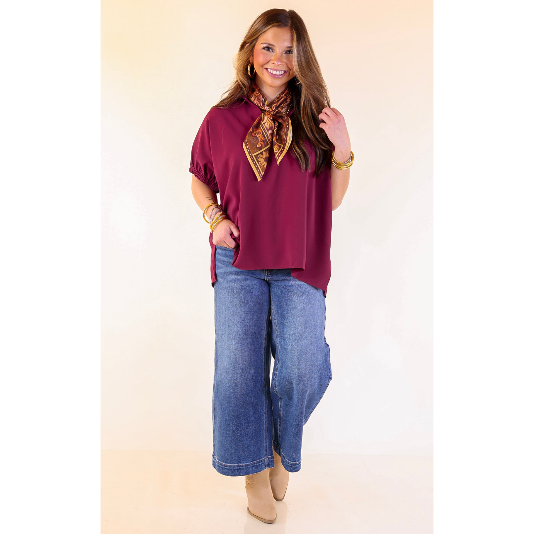 Fresh Start Collared V-Neck Blouse With Drop Shoulder in Maroon