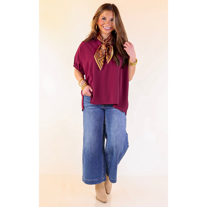 Fresh Start Collared V-Neck Blouse With Drop Shoulder in Maroon