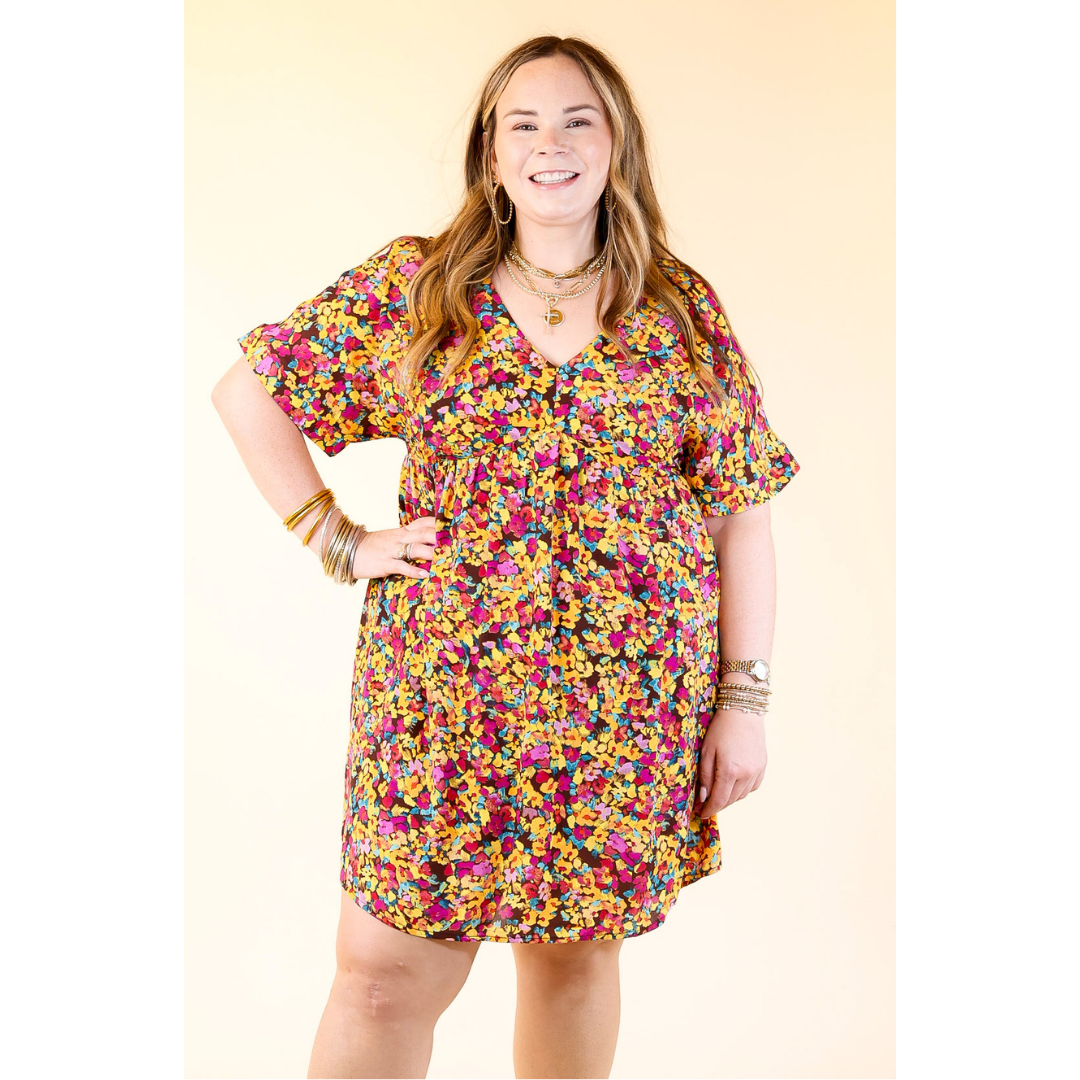Fresh Blossoms Floral Print Babydoll Dress with V Neck in Brown