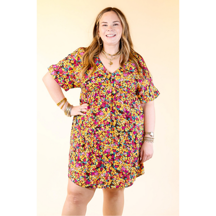 Fresh Blossoms Floral Print Babydoll Dress with V Neck in Brown