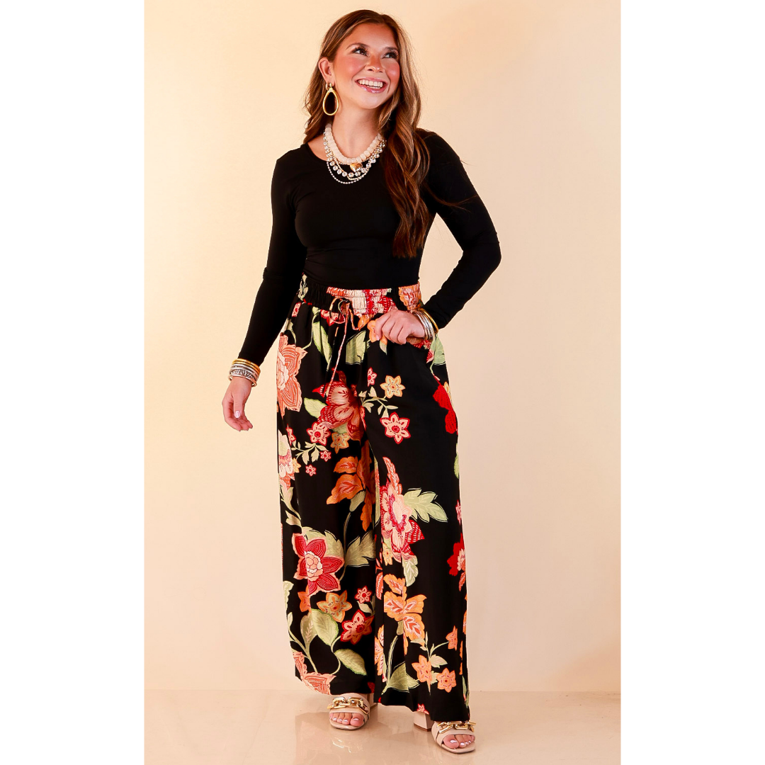 Fresh Picked Floral Print Wide Leg Pants in Black