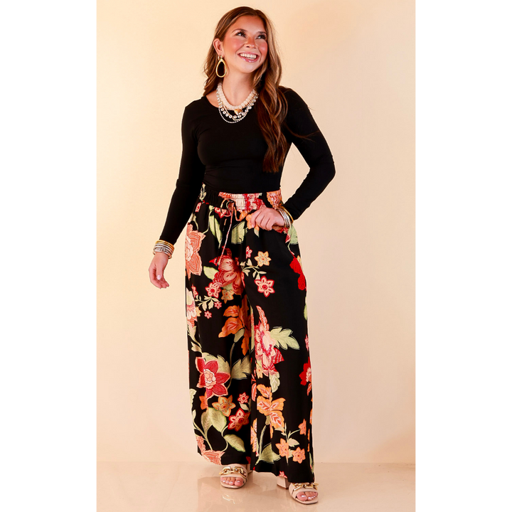 Fresh Picked Floral Print Wide Leg Pants in Black