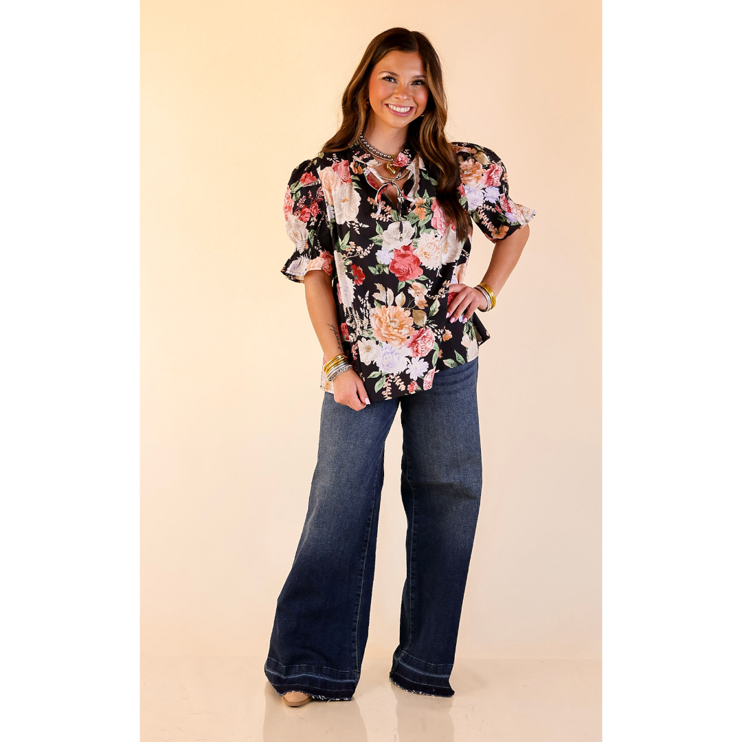 Freshly Picked Floral Print Top with Short Puff Sleeves in Black
