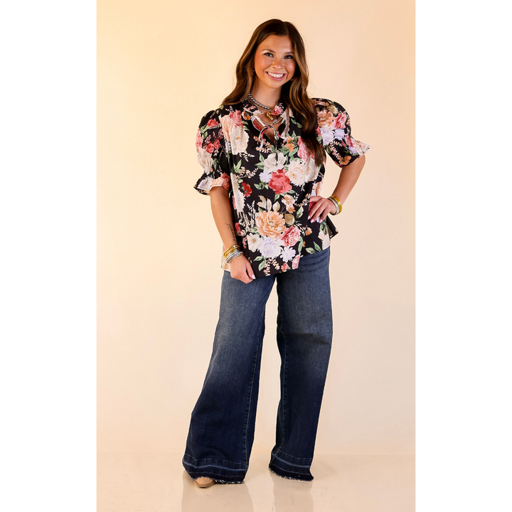 Freshly Picked Floral Print Top with Short Puff Sleeves in Black