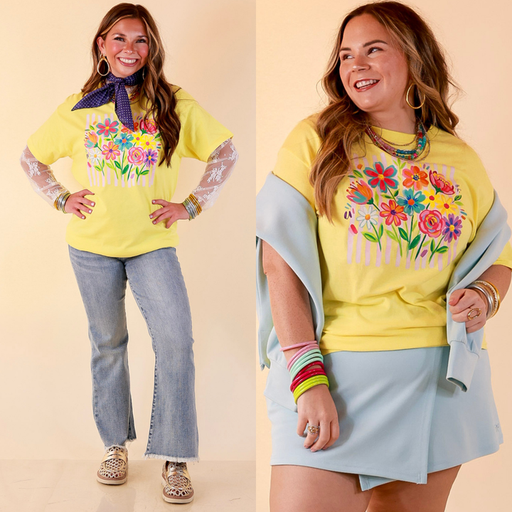 Freshly Picked Floral and Stripe Print Short Sleeve Graphic Tee in Yellow