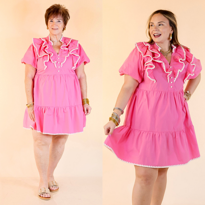 The Frill Seeker dress is sweet, stylish, and effortlessly romantic with puff sleeves, ruffles, and crochet trim. Light, breezy, and perfect for brunch or garden parties. Sizes small through large.