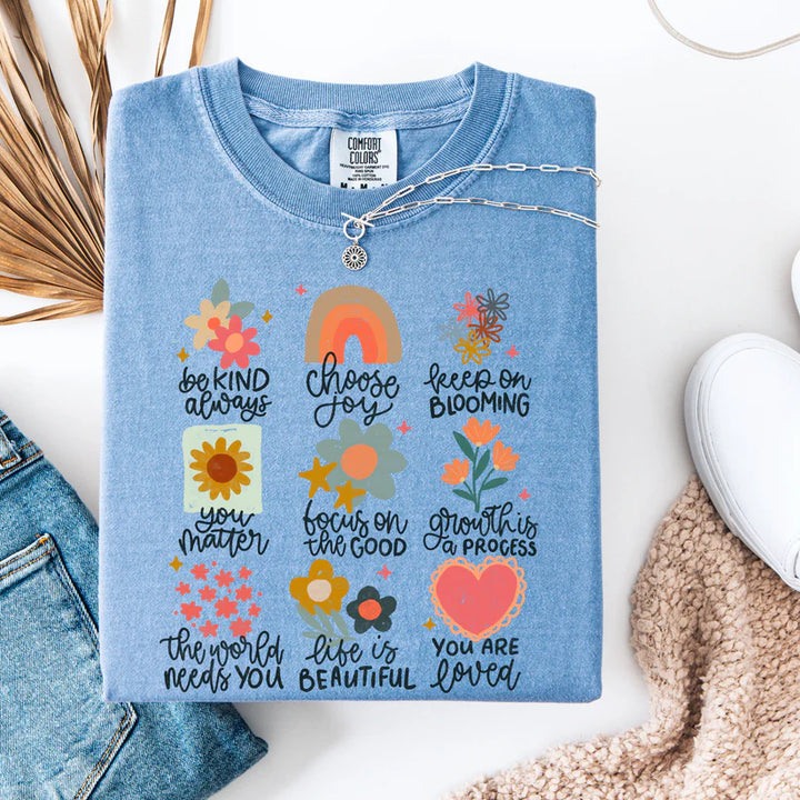 Online Exclusive | Inspirational Flowers and Rainbow Comfort Color Graphic Tee in Mystic Blue