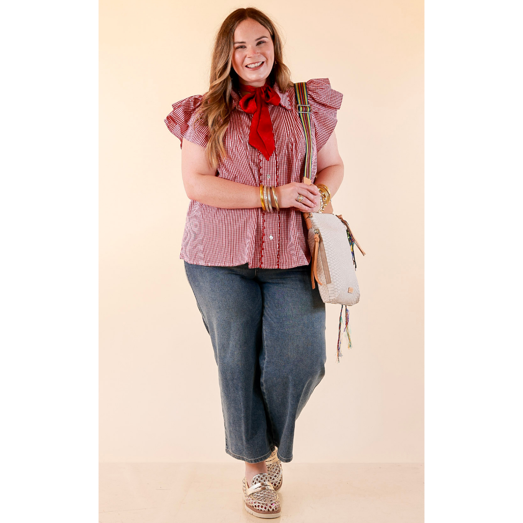 Front Porch Favorite Ruffle Sleeve Button Front Gingham Blouse with Scallop Trim in Dark Crimson Red