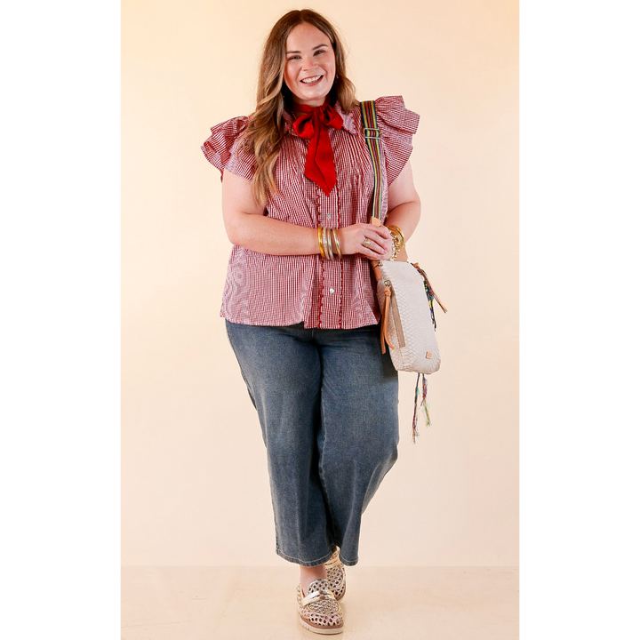 Front Porch Favorite Ruffle Sleeve Button Front Gingham Blouse with Scallop Trim in Dark Crimson Red
