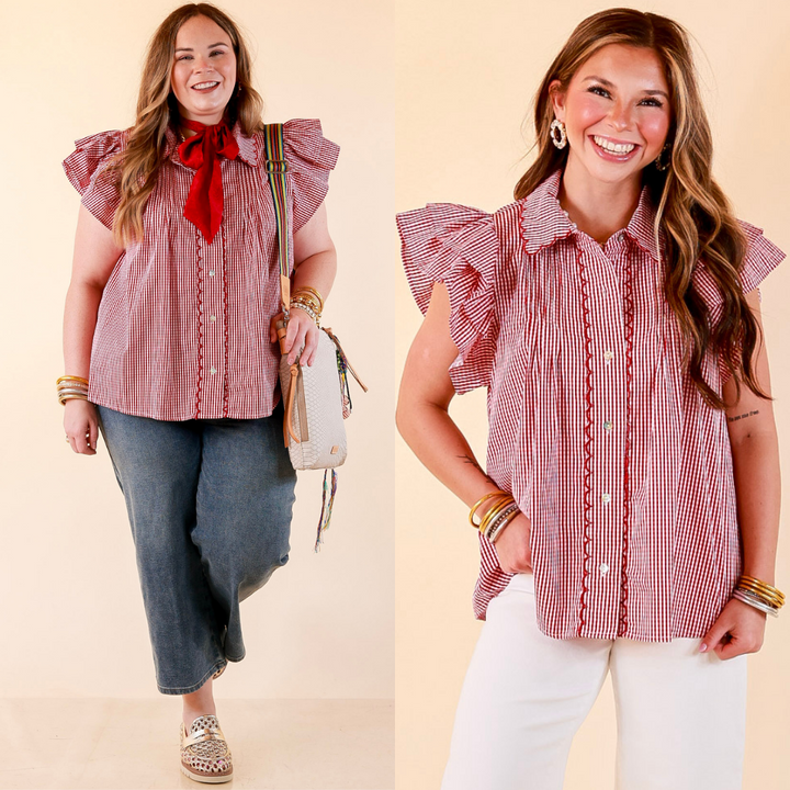 Front Porch Favorite Ruffle Sleeve Button Front Gingham Blouse with Scallop Trim in Dark Crimson Red