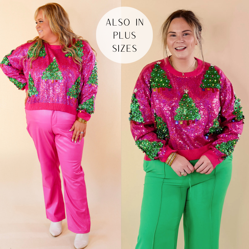 Model is wearing a full sequin sweater in pink with green sequin christmas trees all over. Model has it paired with green pants, ivory booties, and gold jewelry.