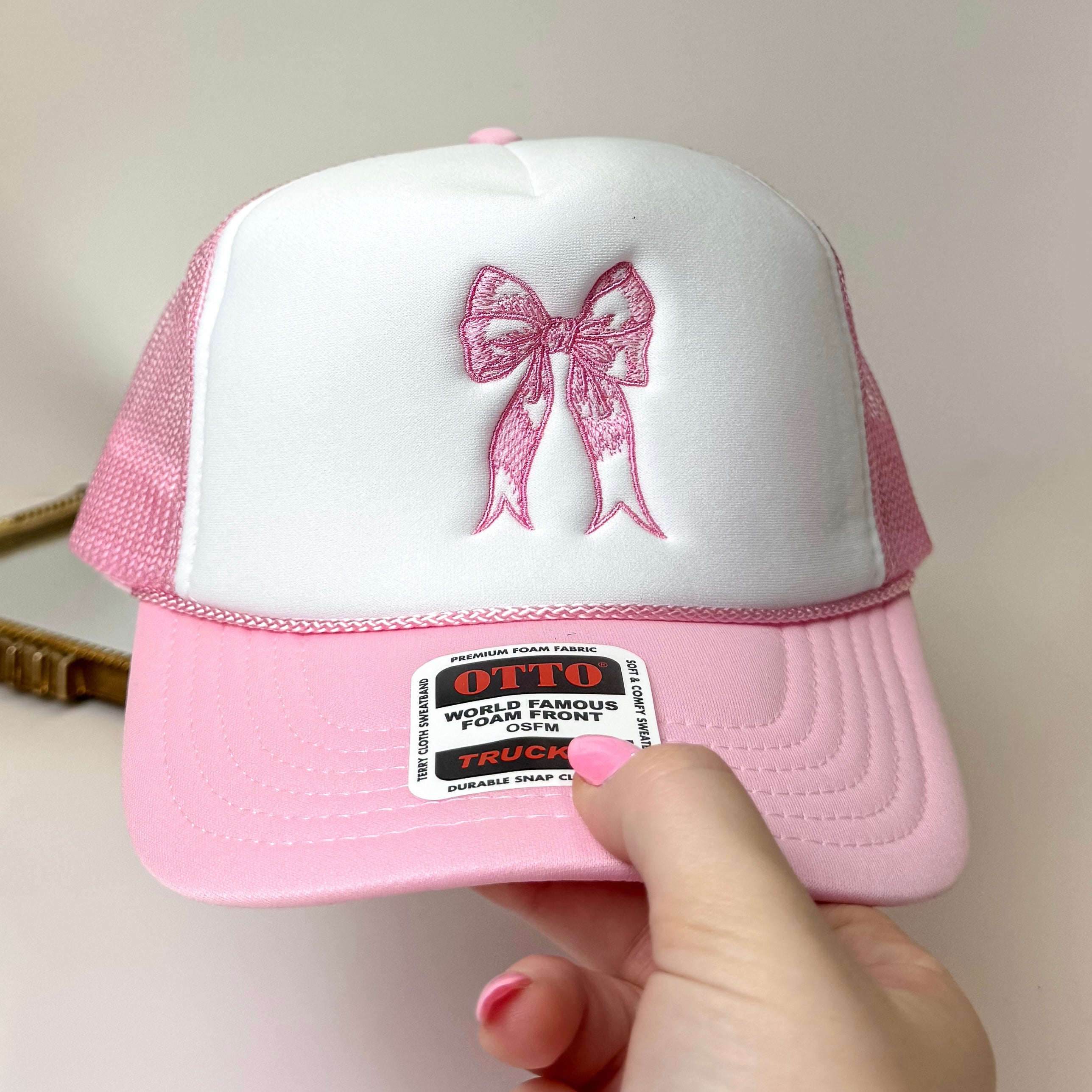 Pink Bow Foam Trucker Hat in Light Pink and White - Giddy Up Glamour Boutique