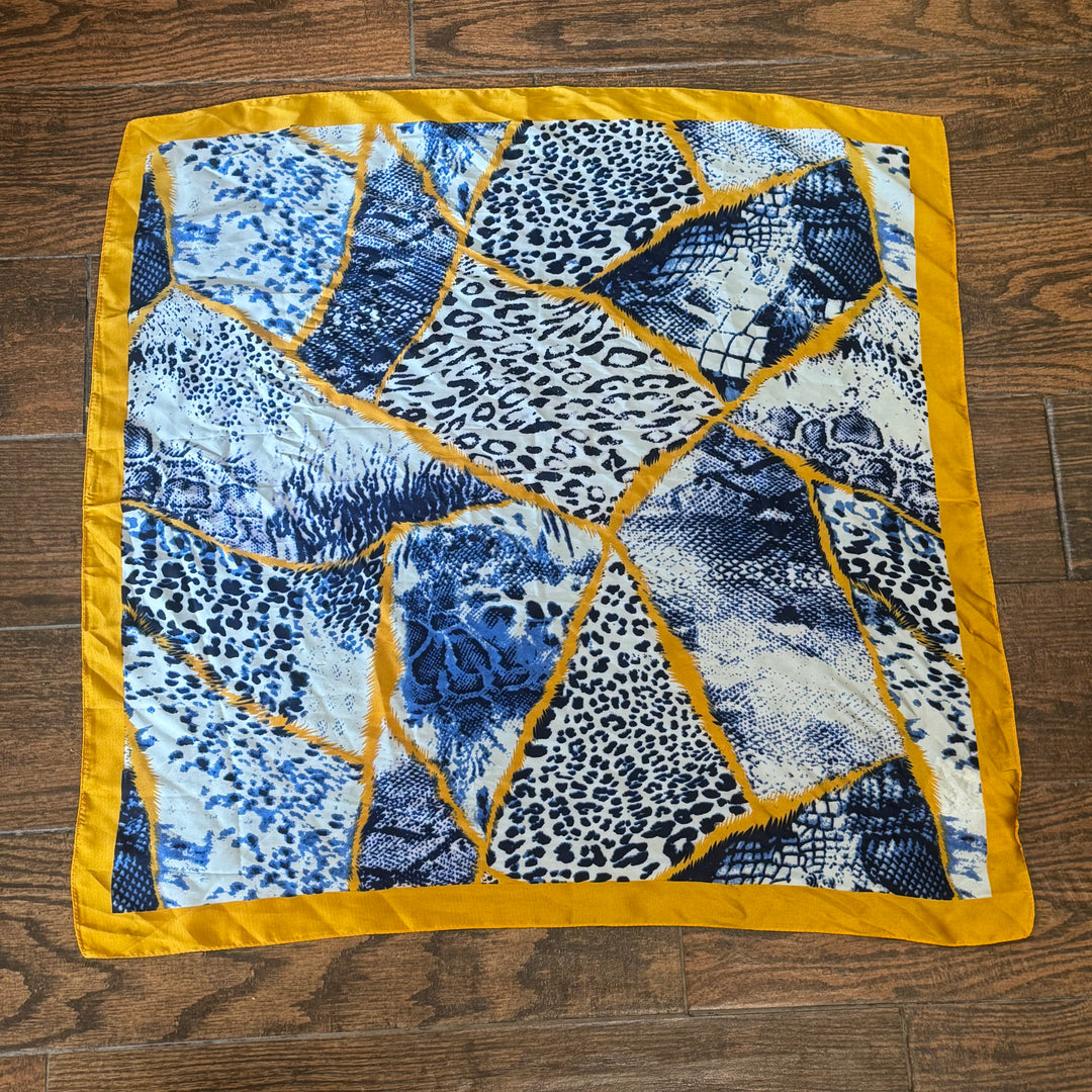 Animal Print Silky Scarf in Blue & Yellow