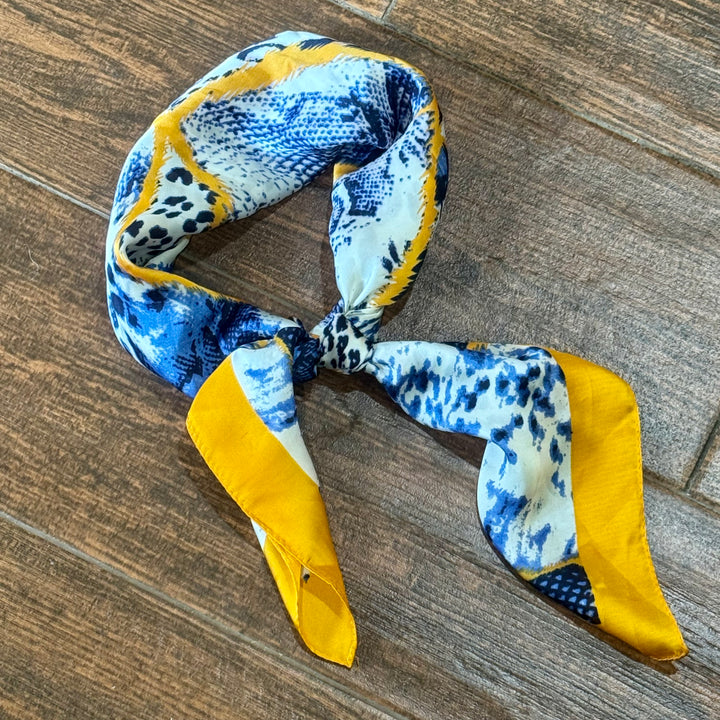 Animal Print Silky Scarf in Blue & Yellow