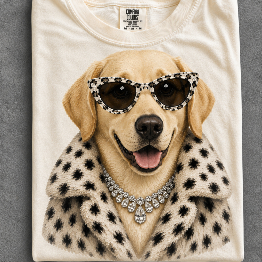 Made to Order | Fur Coat Energy Yellow Lab Printed Graphic Design Tee or Sweatshirt in Multiple Printing Options on Ivory