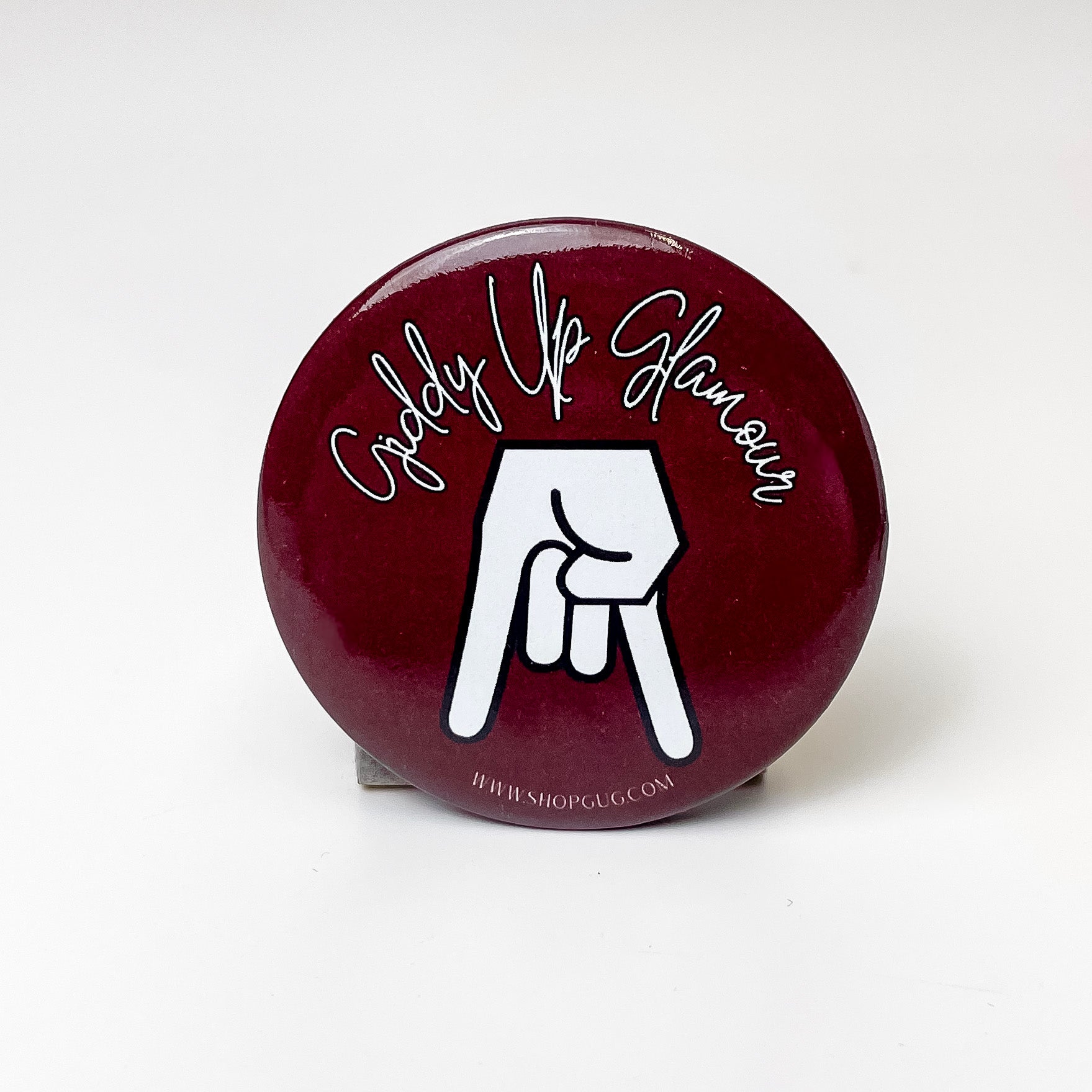 Giddy Up Glamour Gameday Button Pin in Maroon and White