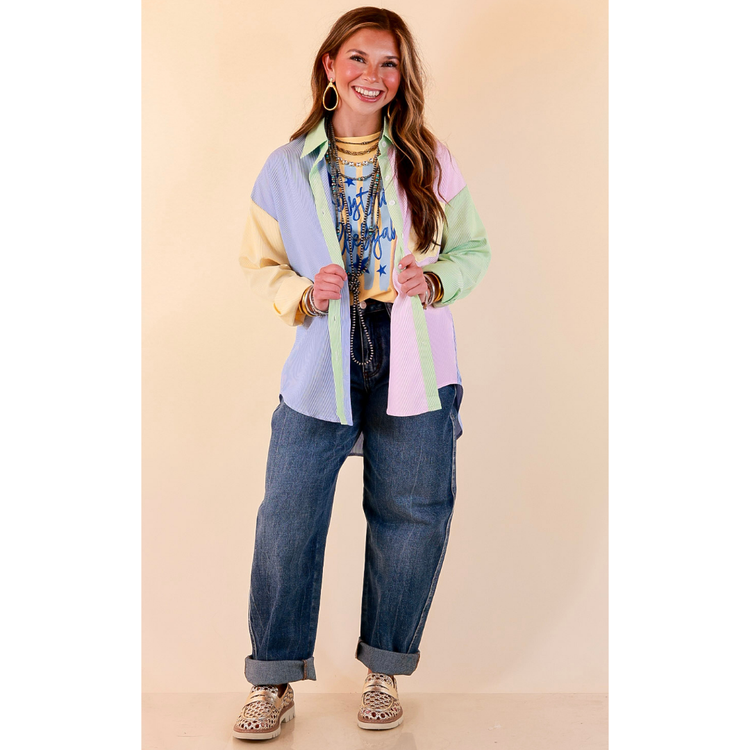GUG Original | Sweet Harmony Long Sleeve Button Down Color Block Pinstripe Shirt in Bright Mix