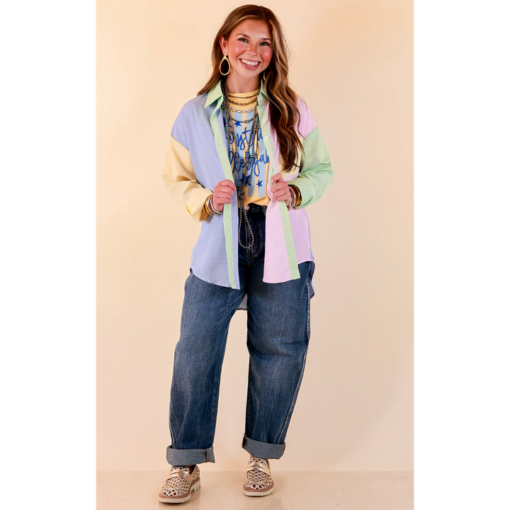 GUG Original | Sweet Harmony Long Sleeve Button Down Color Block Pinstripe Shirt in Bright Mix