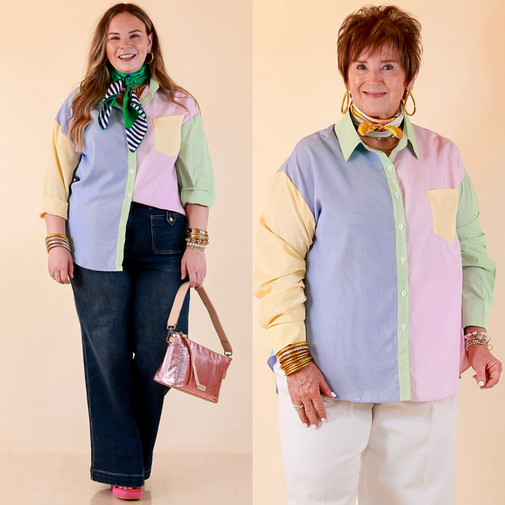 GUG Original | Sweet Harmony Long Sleeve Button Down Color Block Pinstripe Shirt in Bright Mix