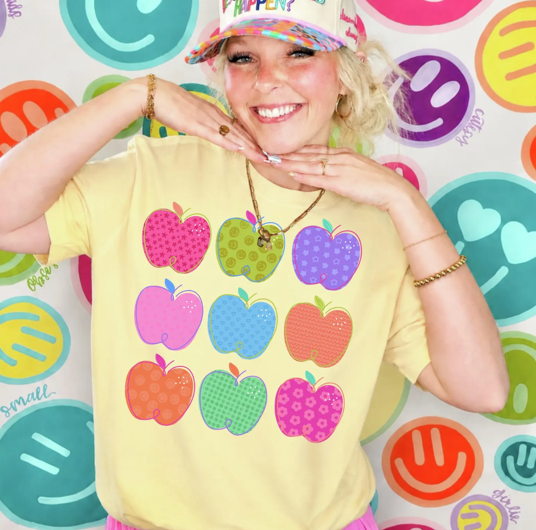 Custom Made to Order | Multi Apple Cute Graphic Tee or Sweatshirt in Multiple Printing Options on Butter Yellow