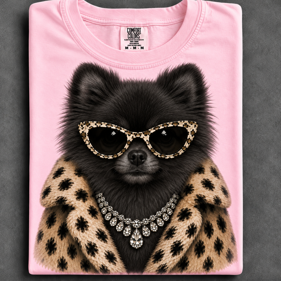 Custom Made to Order | Fur Coat Energy Black Pomeranian Faux Jewelry Printed Graphic Design Tee or Sweatshirt in Multiple Printing Options on Light Pink