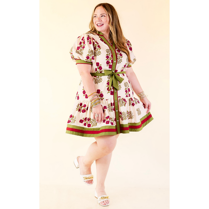 Garden Party Floral Dress with Dropped Skirt and Olive and Maroon Trim in Cream
