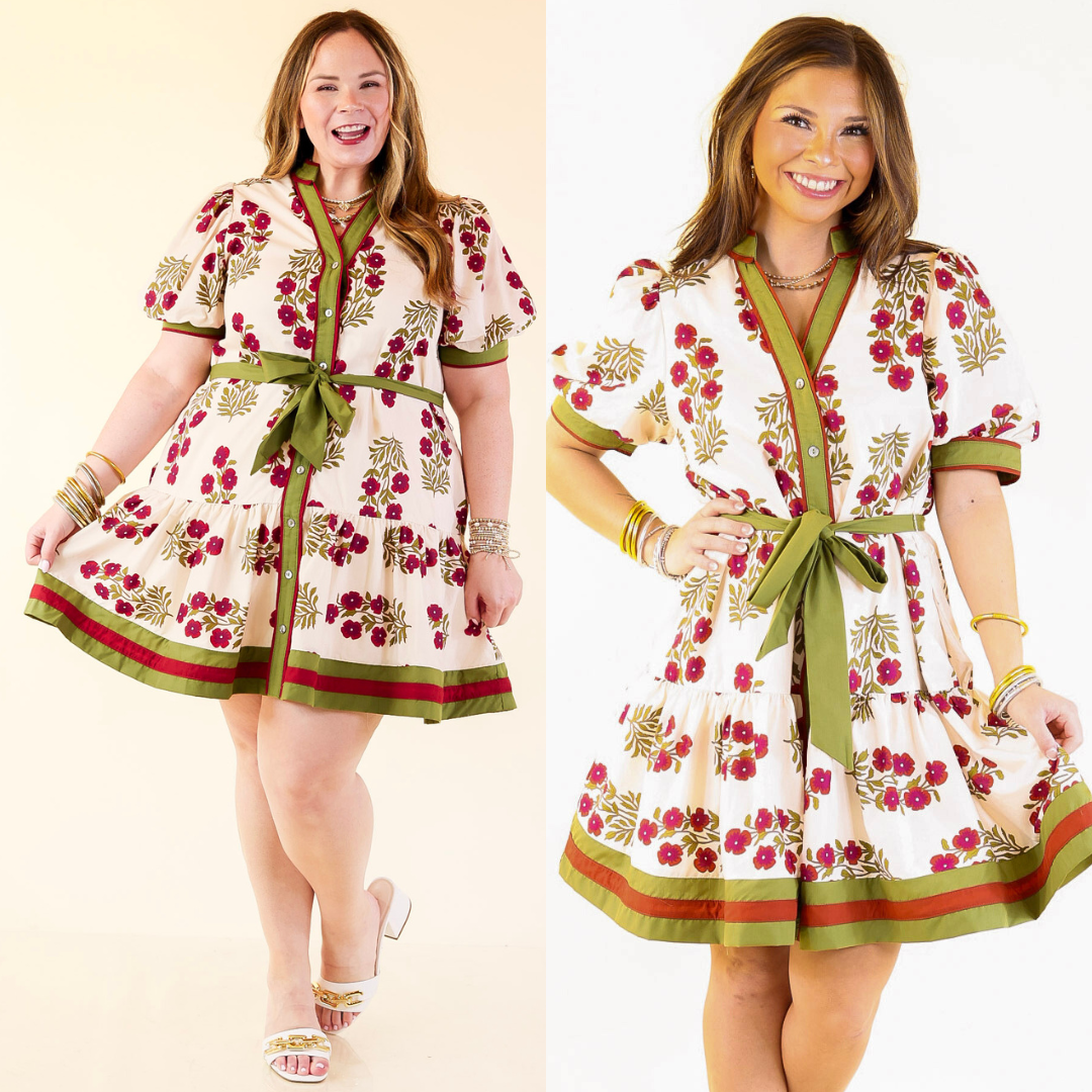 Two women wearing floral dresses with olive and maroon accents on a beige background