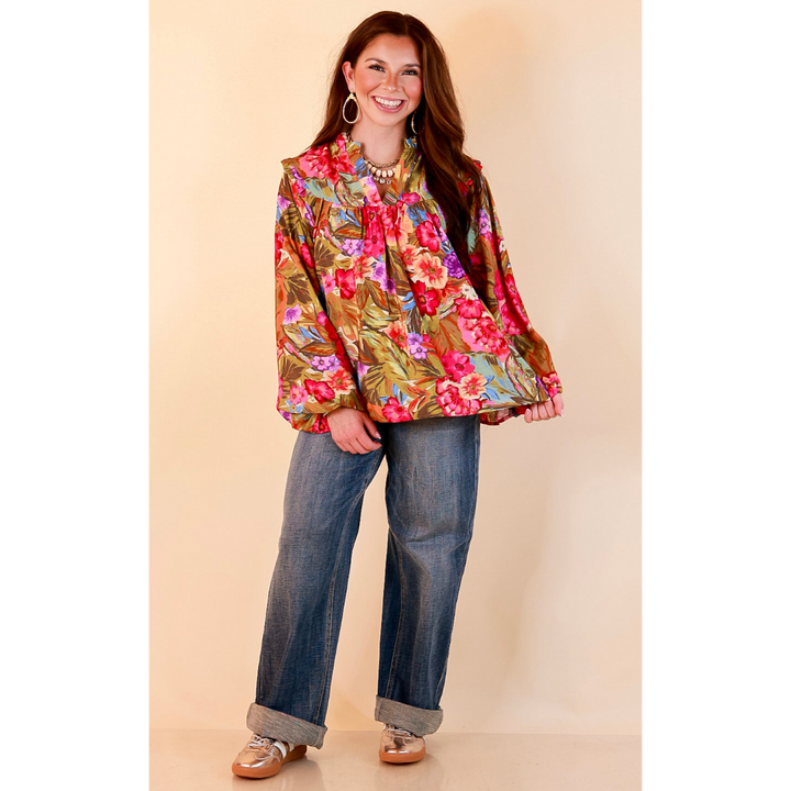 Garden Social Long Sleeve Ruffle Shoulder V-Neck Flowy Floral Print Blouse in Olive Green Multi