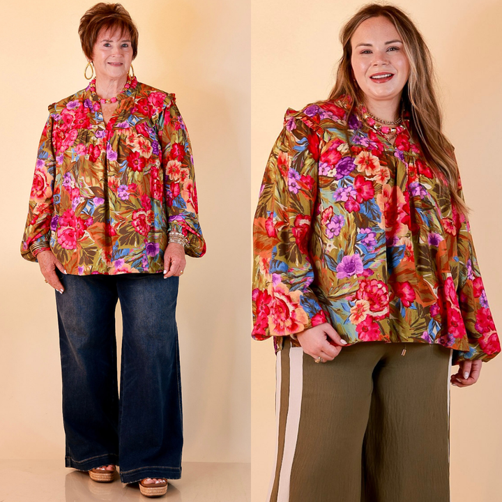 Garden Social Long Sleeve Ruffle Shoulder V-Neck Flowy Floral Print Blouse in Olive Green Multi