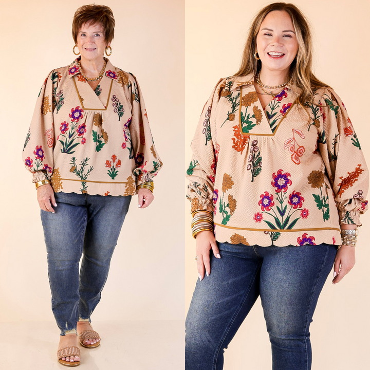 Two women wearing a floral tan  blouse and jeans on a beige background