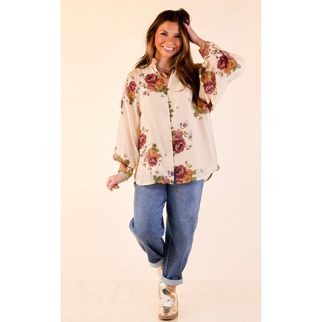 Garden Stroll Floral Long Sleeve Button Down Top in Cream