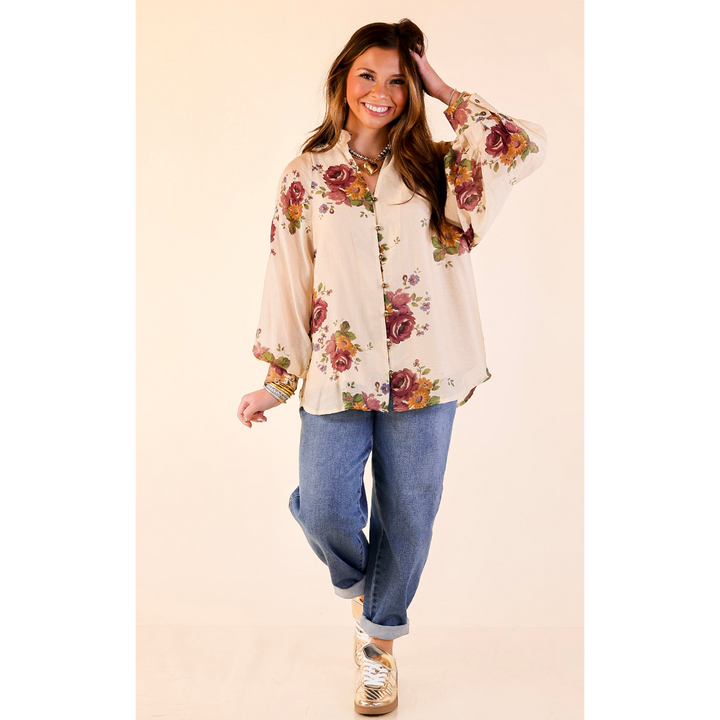 Garden Stroll Floral Long Sleeve Button Down Top in Cream