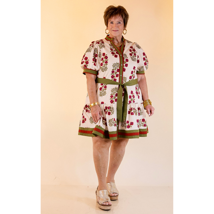 Garden Party Floral Dress with Dropped Skirt and Olive and Maroon Trim in Cream