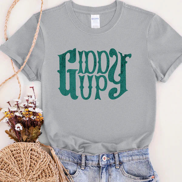 Gray t-shirt with green text 'Giddy Gupy' on a white background