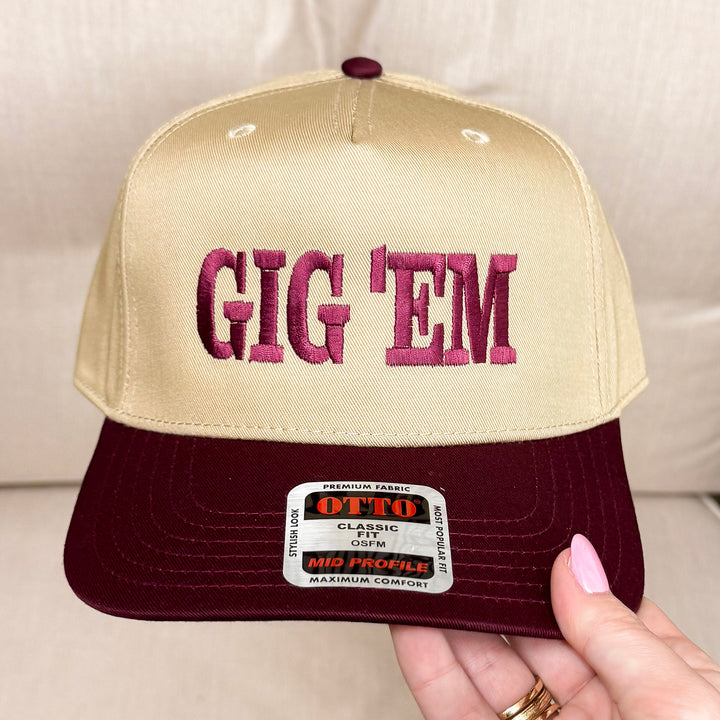 Gig 'Em Trucker Hat in Khaki and Maroon