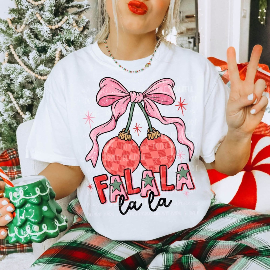 Girly Fa La La Christmas graphic tee or sweatshirt on white with a pink bow with checkered ornaments above Fa La La lettering